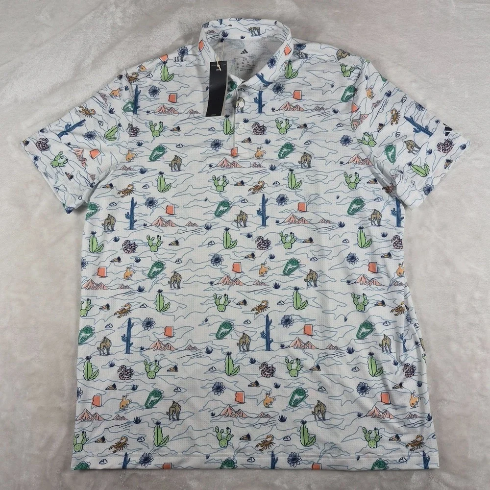 Adidas Polo Shirt Men's 2XL XXL White Perforated Desert Arizona Cactus Snake NWT